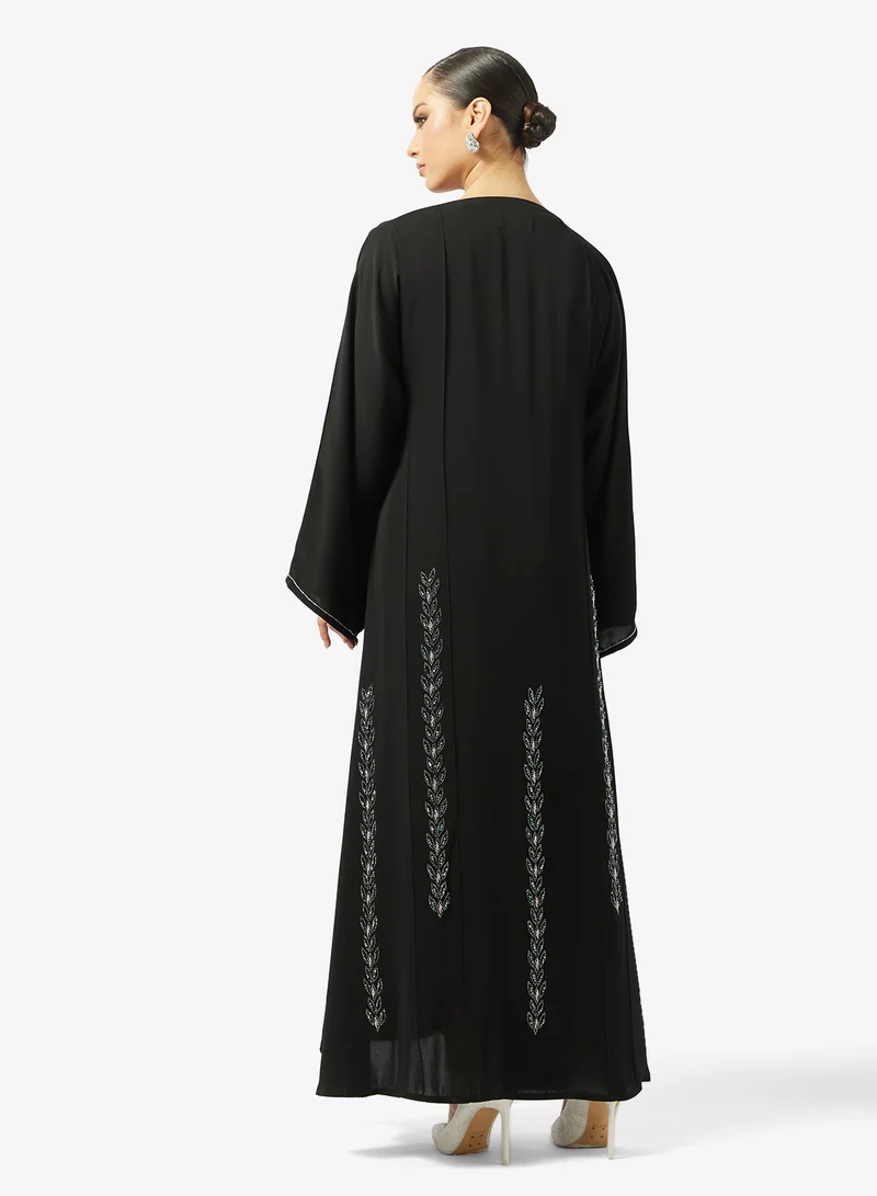 hayas closet Floral Embellished Open Front V Neck Abaya